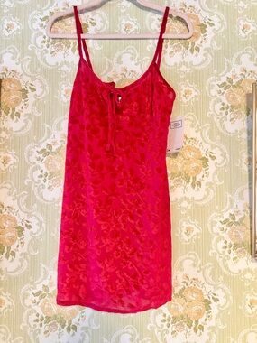 Vintage 90s Y2K Wine Red Sheer Slip Dress NWT Medium Basic Editions Lingerie